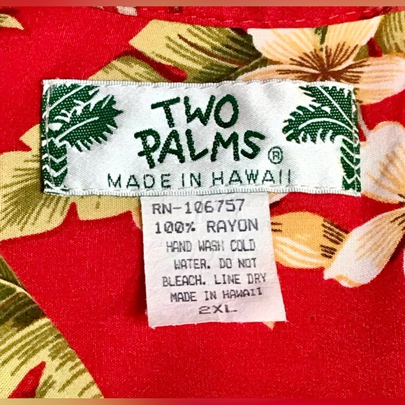 Vintage Two Palms Shirt Red Size 2XL Tiki Hawaiian Floral Palm Rayon Tropical - Picture 11 of 13